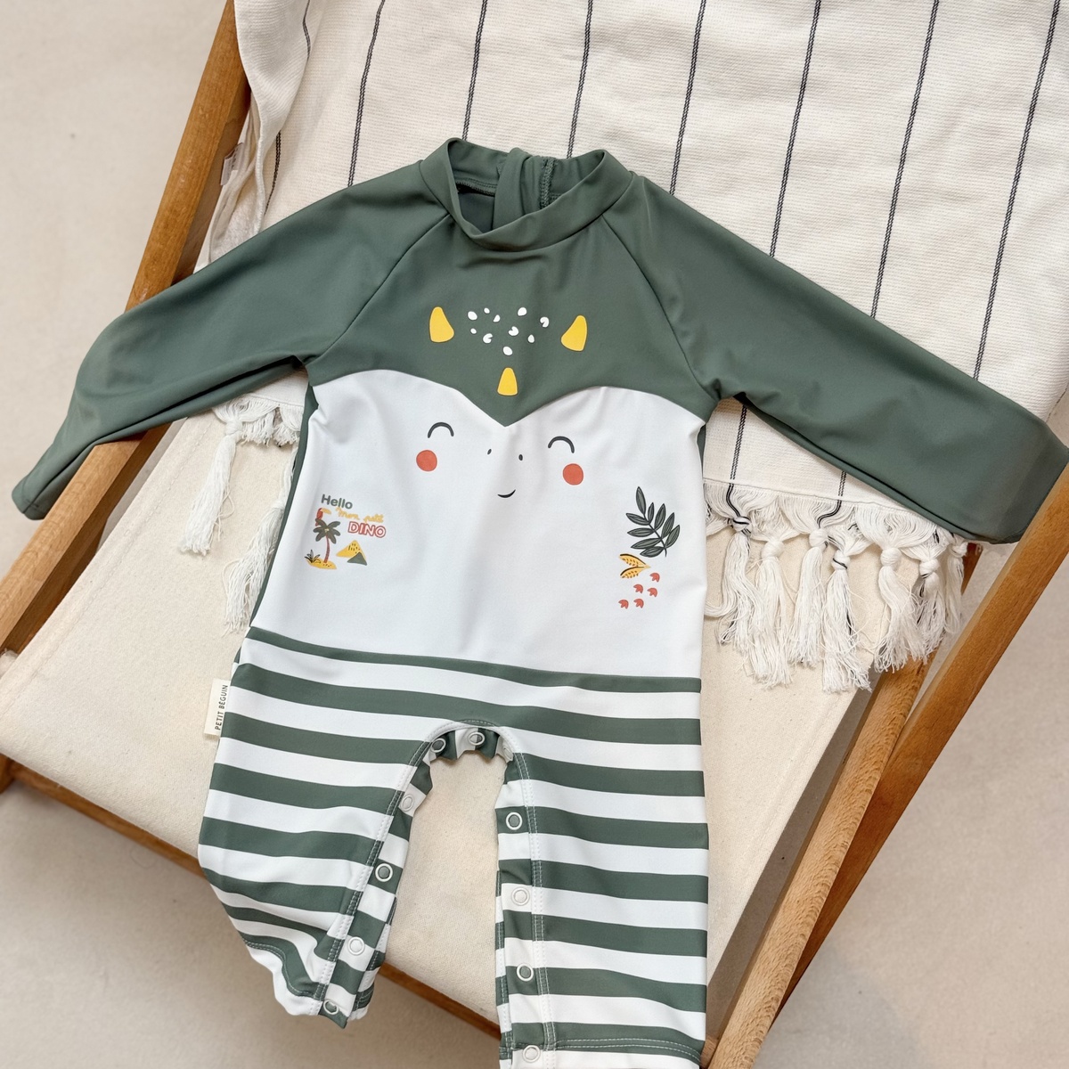 Combinaison de bain bébé manches longues protection UV Hello Dino kaki, PETIT BEGUIN