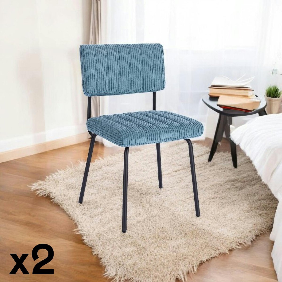 Chaise en velours grosses côtes (lot de 2) IENA bleu pétrole, PIER IMPORT