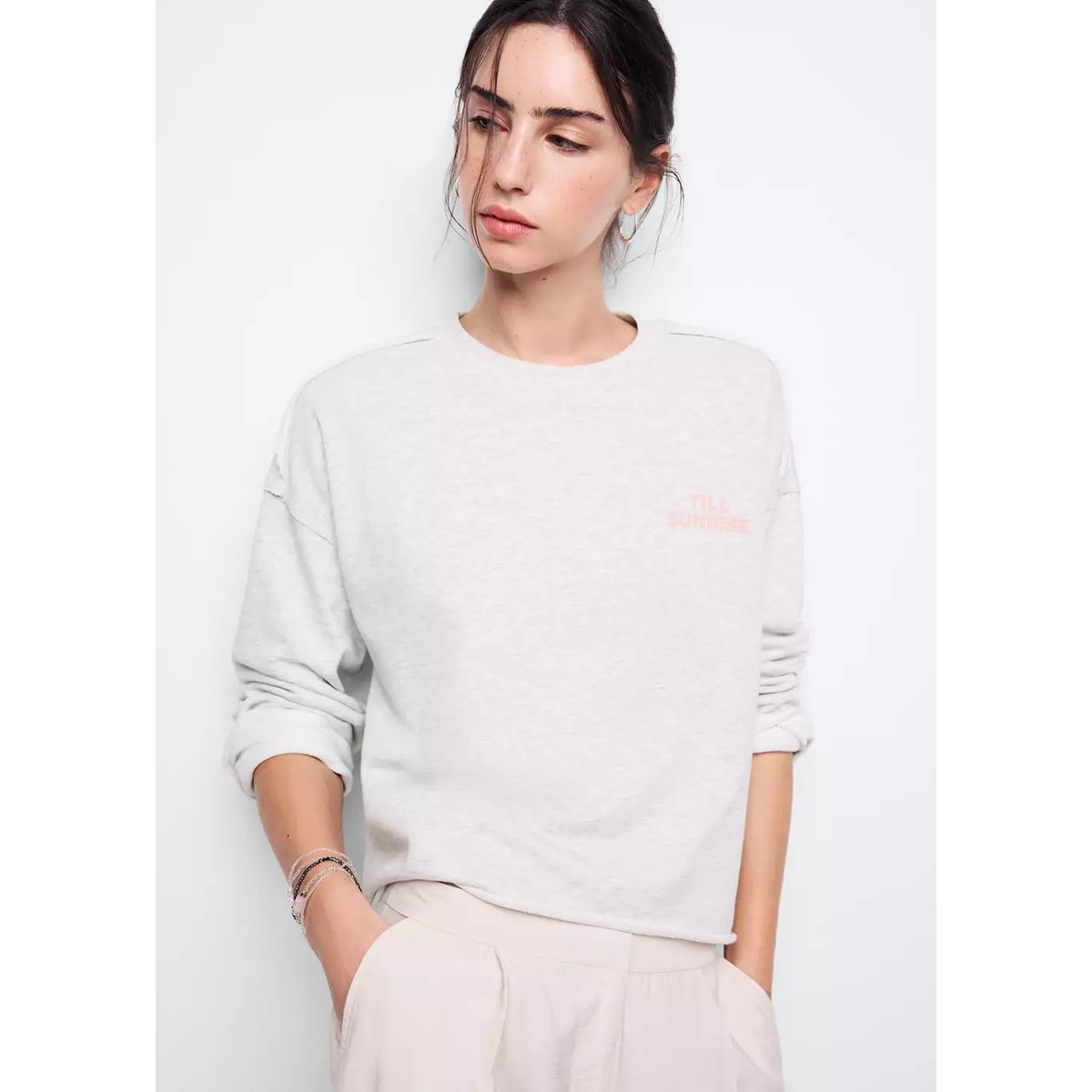 Sweat inscription imprimée gris chiné clair, MANGO TEEN