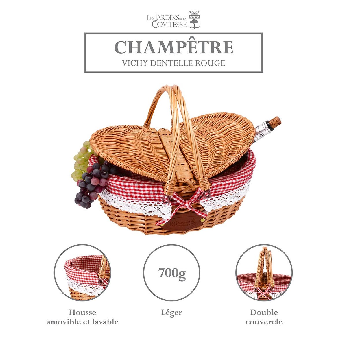 Panier en osier tissu dentelle vichy rouge couleur unique, LES JARDINS DE LA COMTESSE