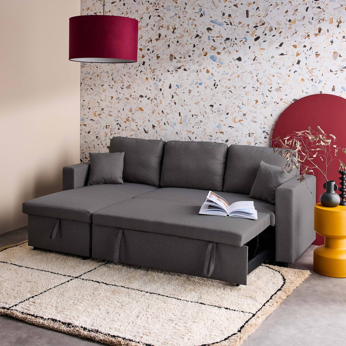 Canapé d'angle convertible réversible 3 places tissu avec coffre SMILE noir, SWEEEK