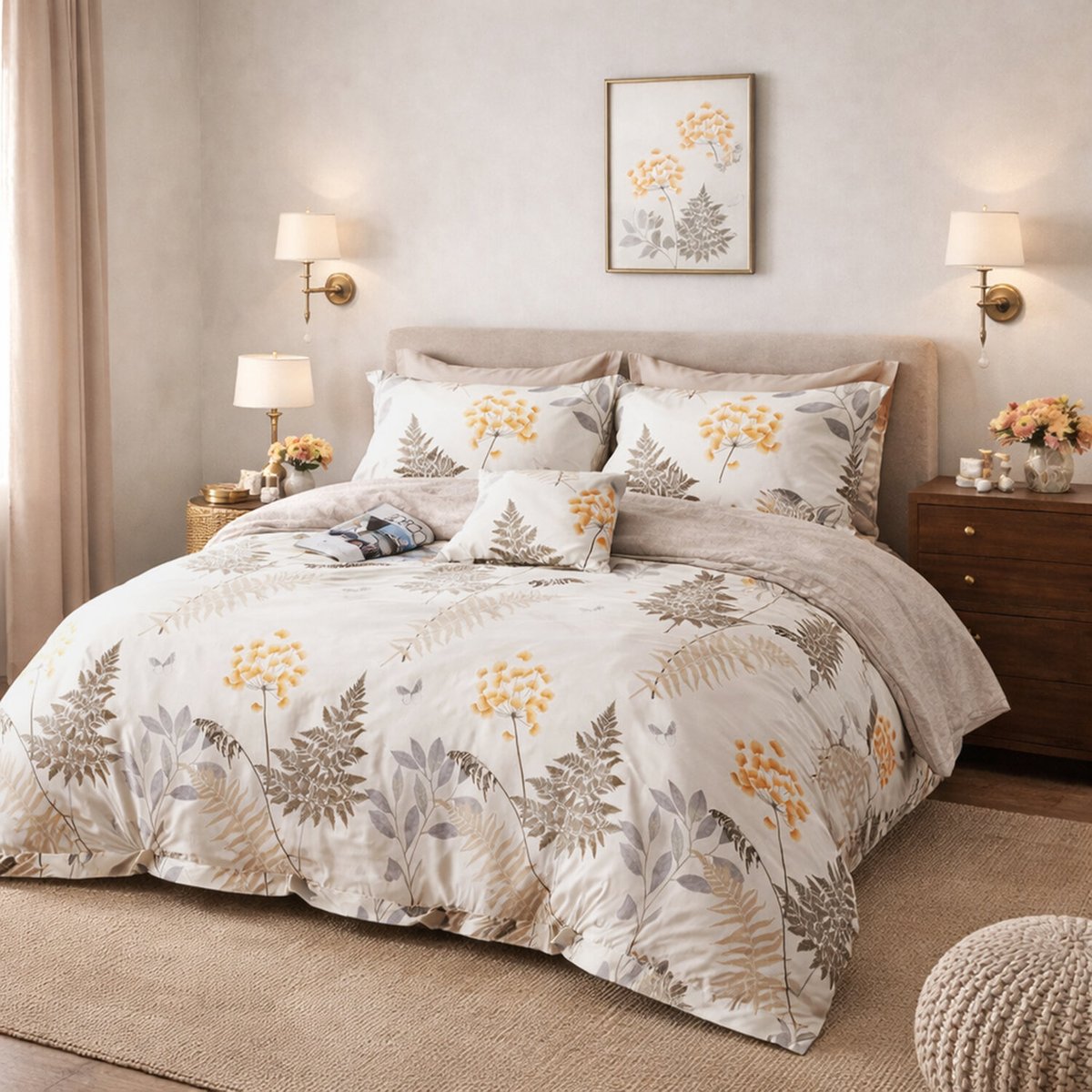 Parure de lit en percale de coton imprimé botanique beige orange, Tila multicolore, C DESIGN HOME TEXTILE