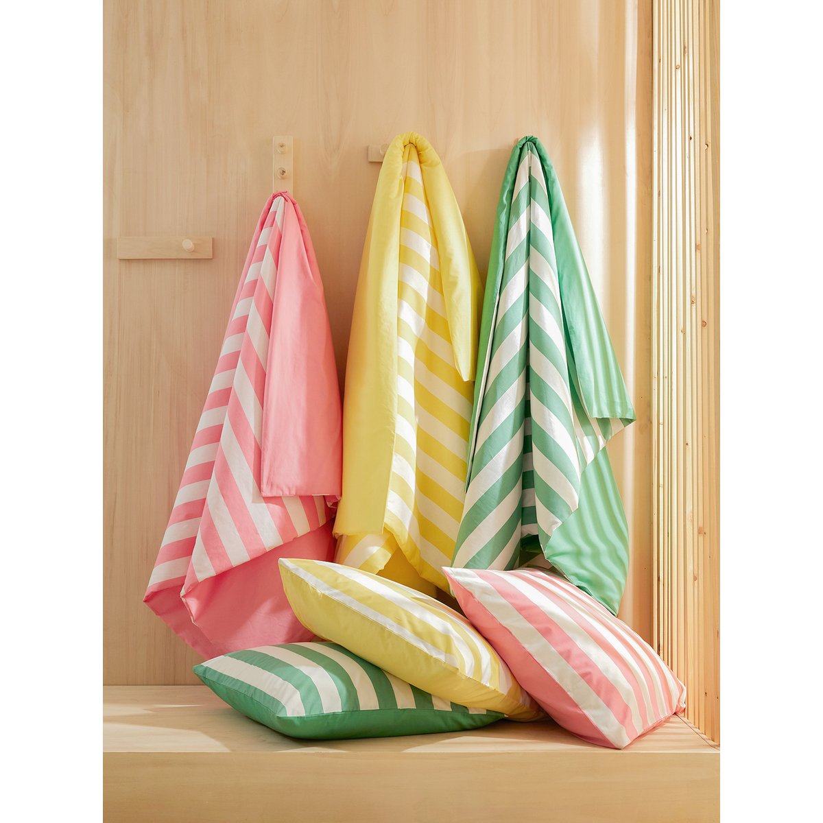Parure housse de couette et taie d'oreiller avec coton recyclé TRANSAT rayé vert, VERTBAUDET
