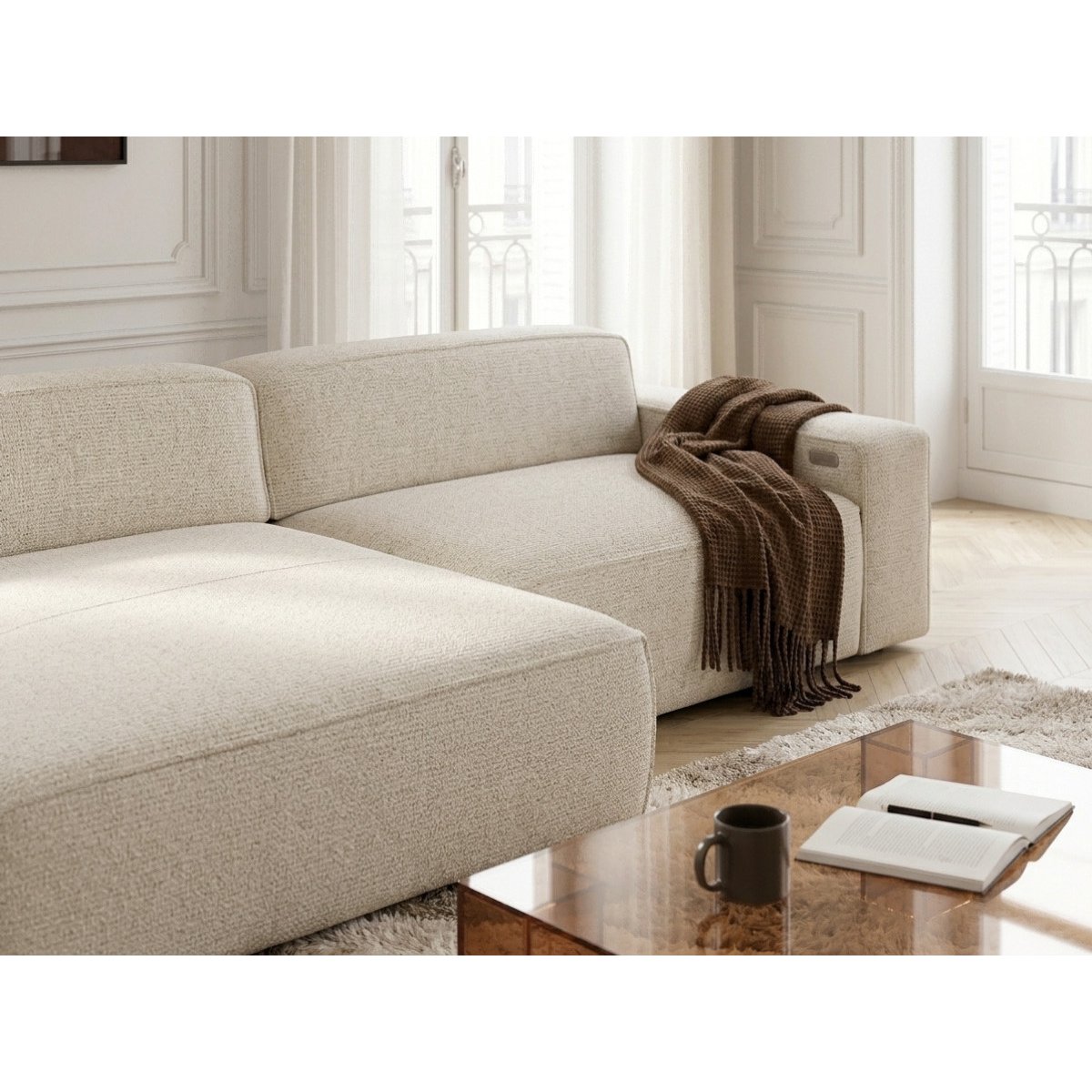 Canapé d'angle convertible 3 places en tissu chiné, ABEL beige, BOBOCHIC