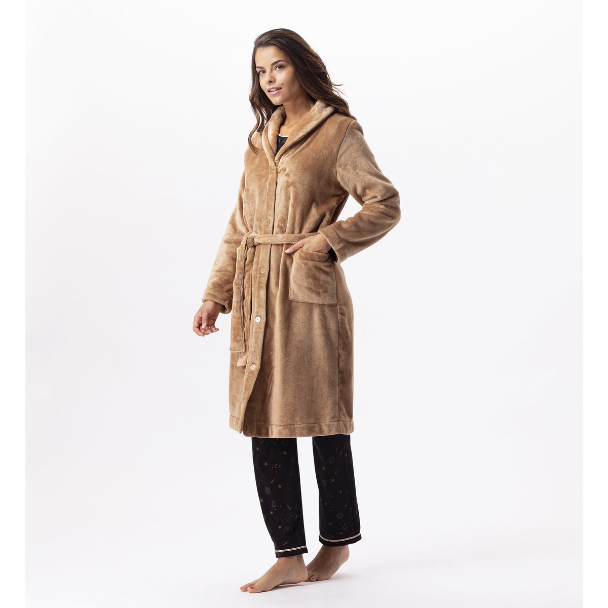 Robe de chambre en peluche flanelle ESSENTIEL H51B marron, LE CHAT