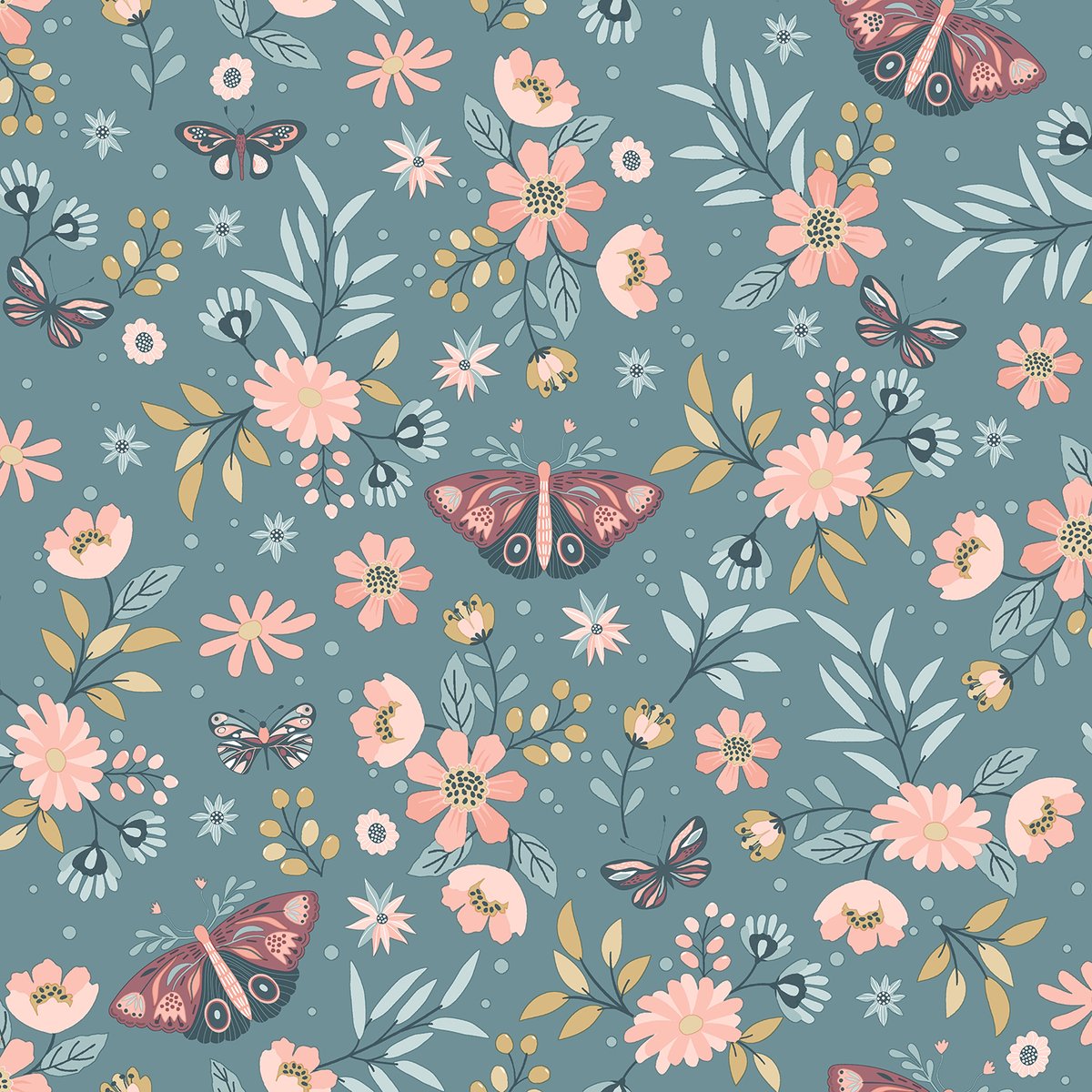 Papier peint floral papillons fond vert canard multicolore, HEXOA