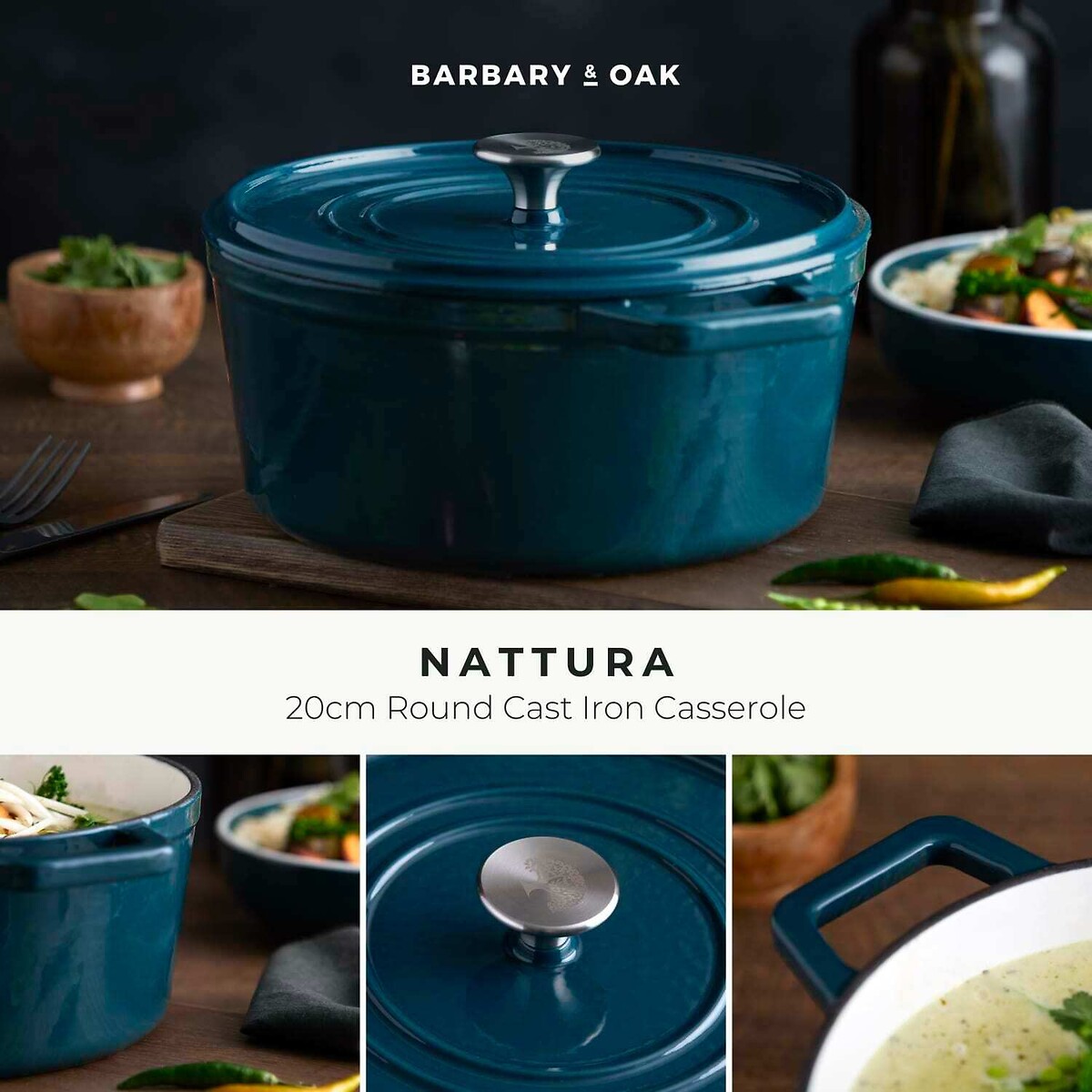 20cm Nattura Round Cast Iron Casserole Dish teal, BARBARY & OAK