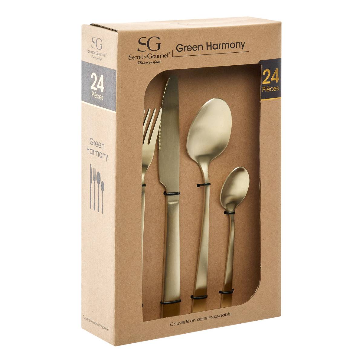 Ménagère 24 pièces en acier inoxydable GREEN HARMONY doré, SECRET DE GOURMET