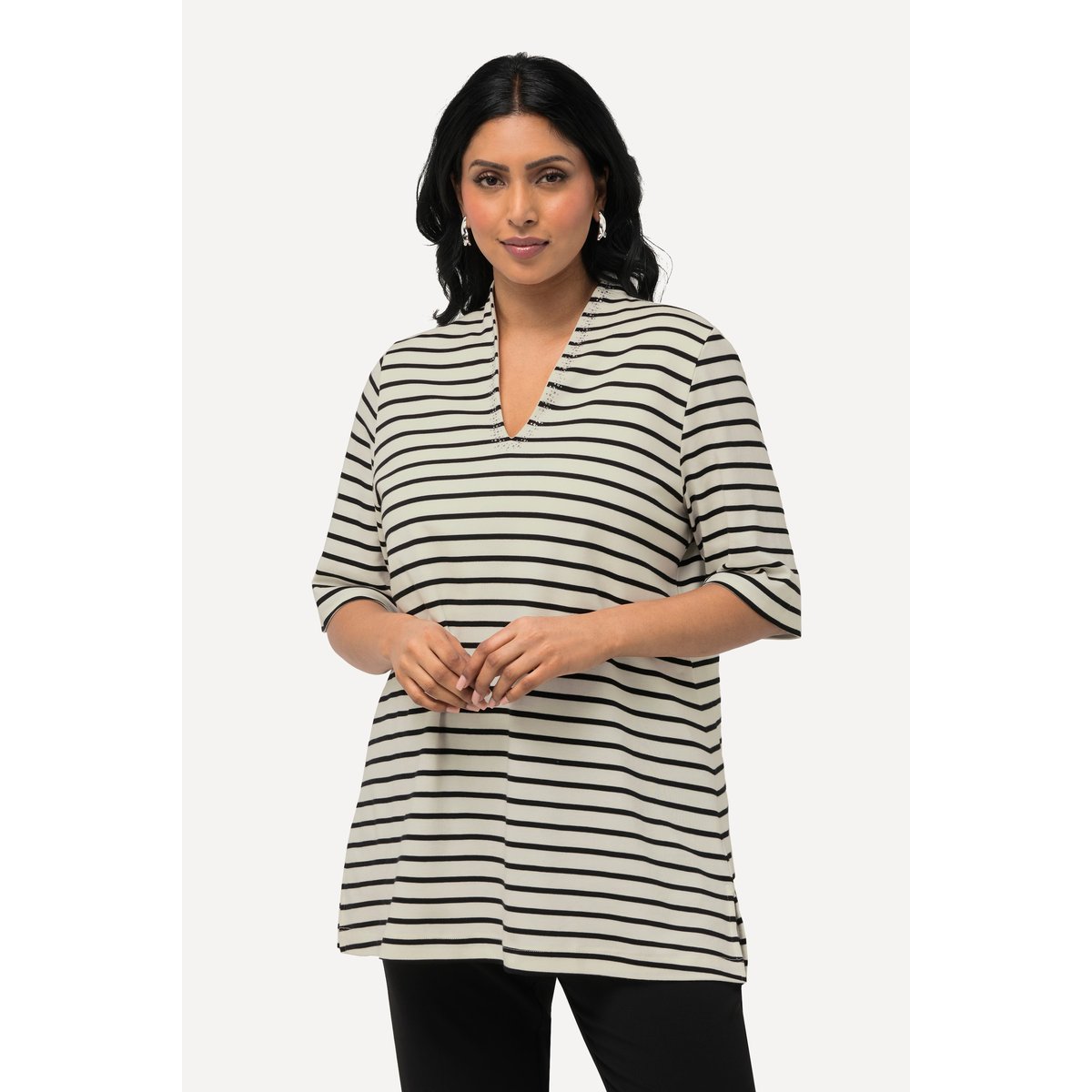 T-shirt à rayures en coton Pima. Col calice blanc cassé, ULLA POPKEN