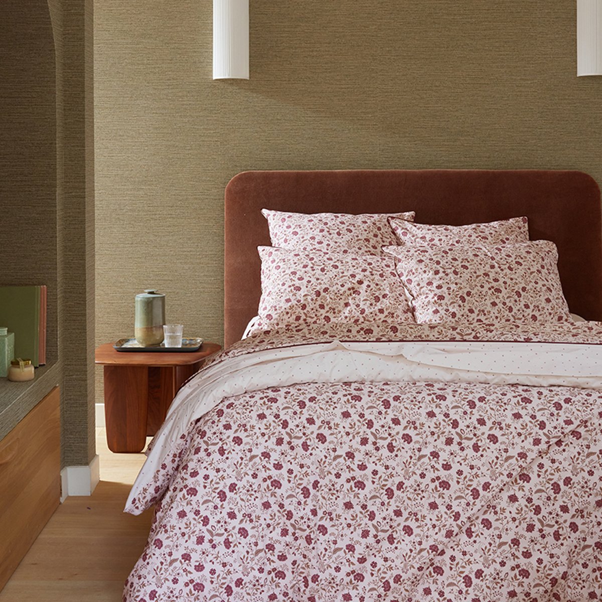 Parure de lit imprimée en percale de coton, taies rectangles, ORIENTAL GARDEN rose clair, ESSIX