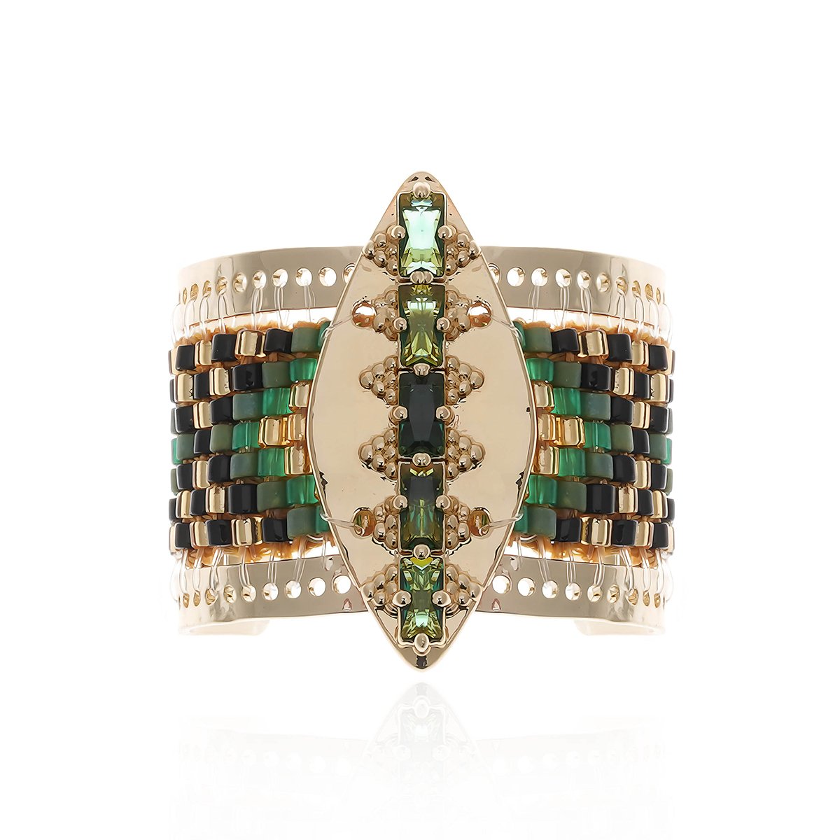Bague réglable cabochon central et perles tissées LOOXOR vert, HIPANEMA