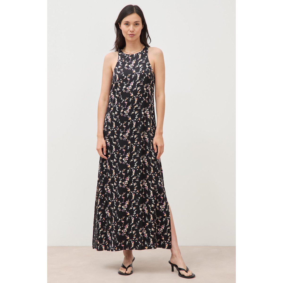 Robe longue droite sans manches col v noir, BONOBO