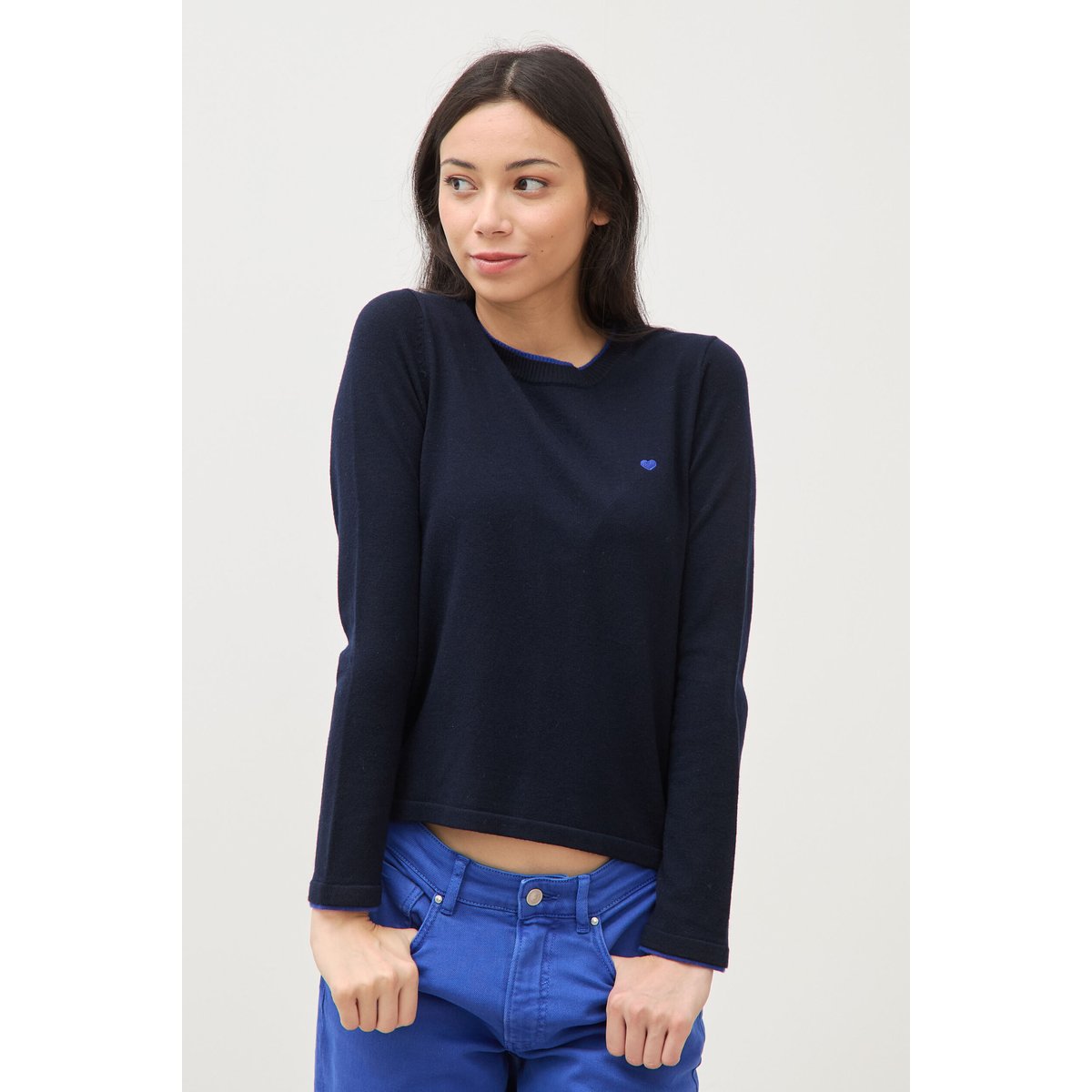 Pull fin col rond manches longues bleu foncé, BONOBO