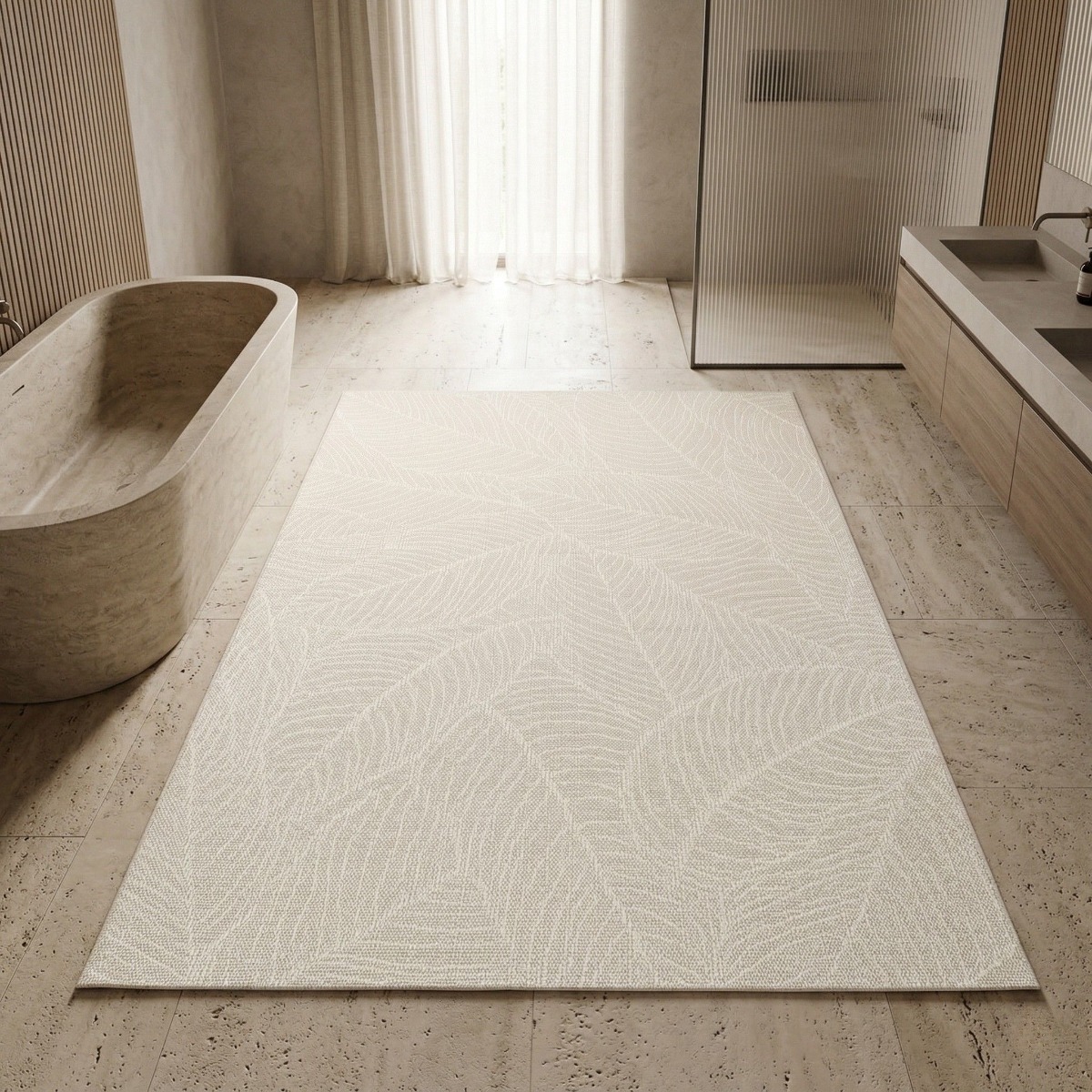 Tapis extérieur intérieur feuilles tissé  SUNSHINE LEAVES crème, THE DECO FACTORY