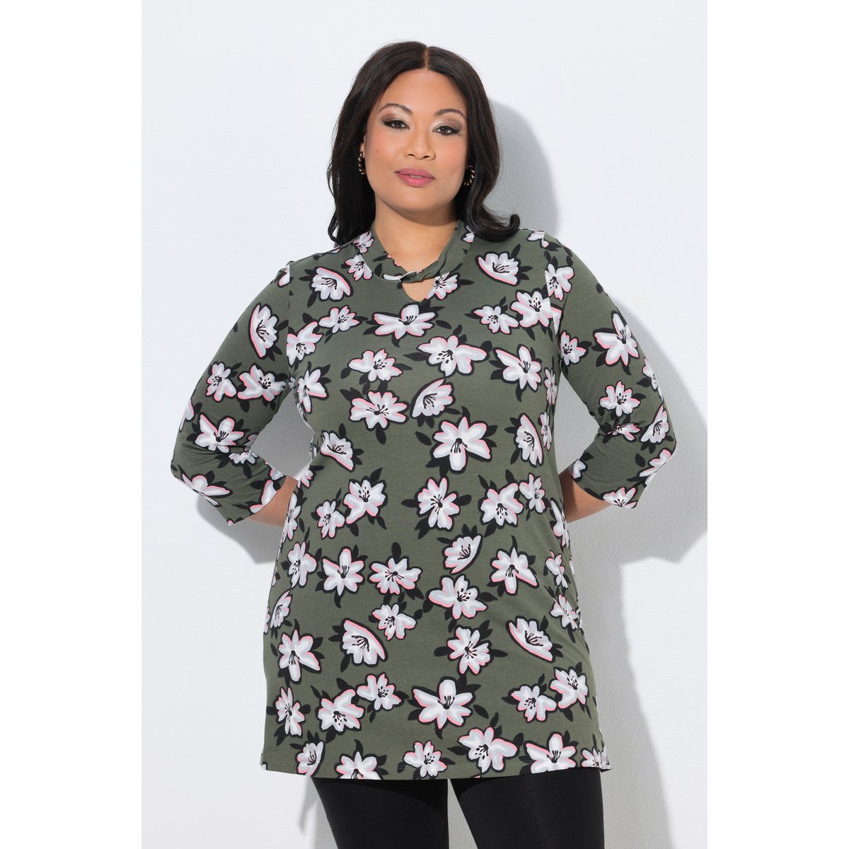T-shirt long, fleurs, coupe en A gris olive, ULLA POPKEN