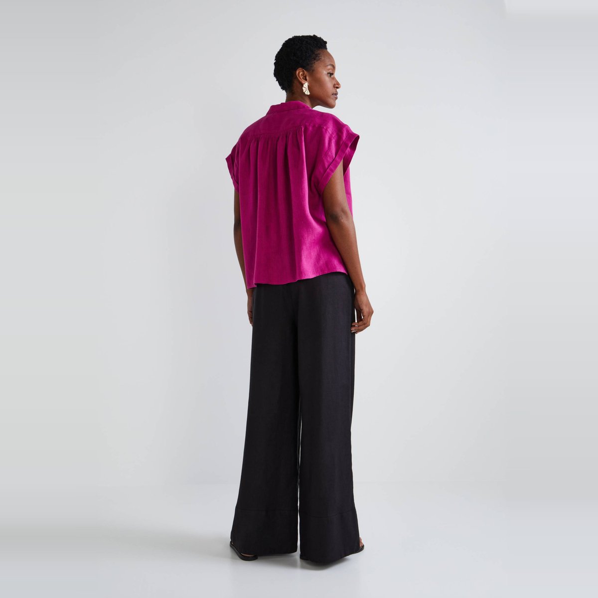 Pantalon large à taille élastiquée en lin noir, MONOPRIX