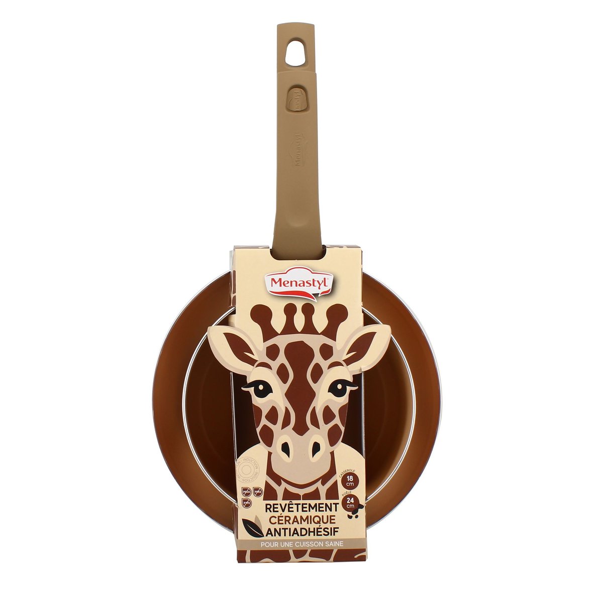 Set 1 poêle et 1 casserole 18cm en aluminium, GIRAFE beige-marron, MENASTYL