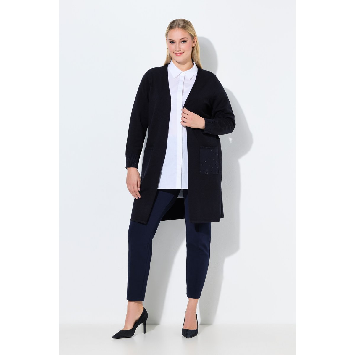 Cardigan encolure en V et manches longues marine, ULLA POPKEN