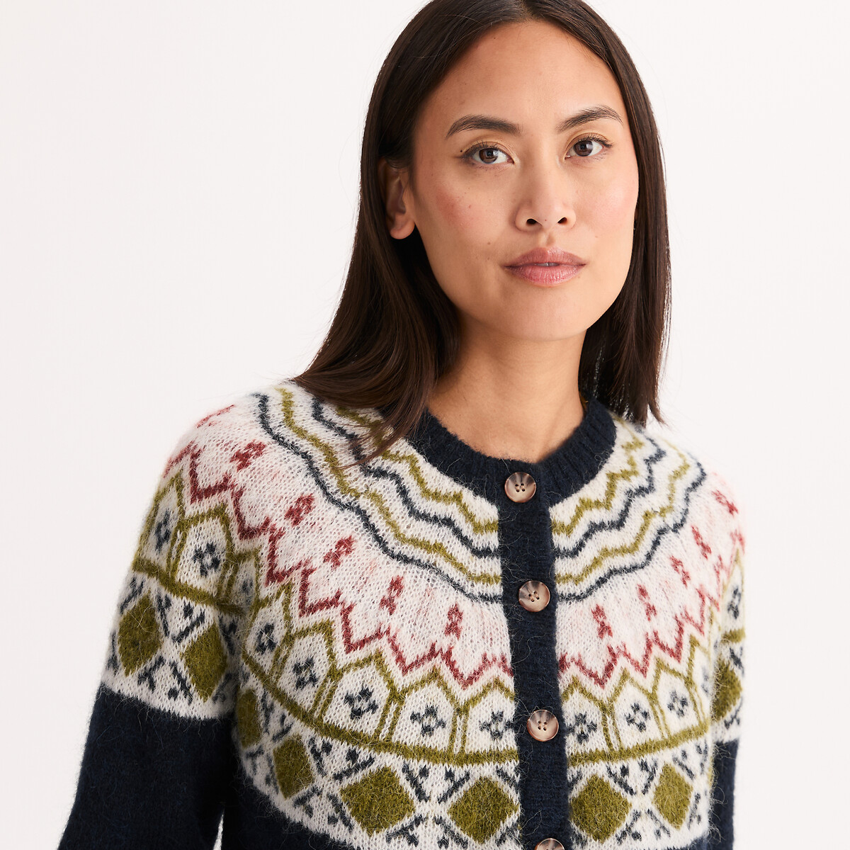Cardigan jacquard, en alpaga mélangé jacquard bleu marine, ANNE WEYBURN