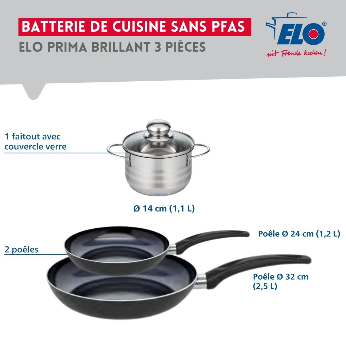Batterie 2 poêles 24/32cm + 1 faitout 14cm PRIMA BRILLANT noir, ELO