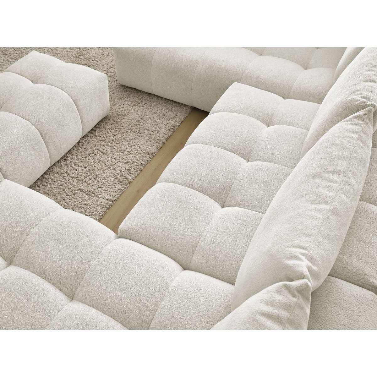 Canapé panoramique convertible 7 places en tissu chiné avec pouf, EVEREST blanc, BOBOCHIC