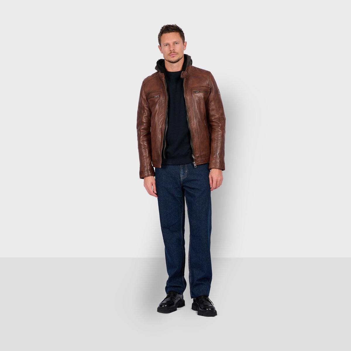 Veste en cuir à manches longues et col mao DRINK cognac, OAKWOOD