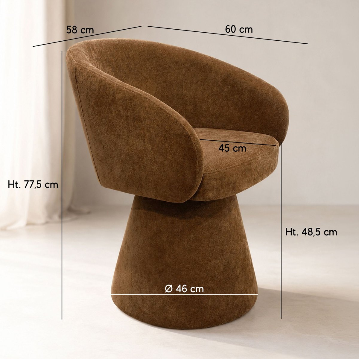 Fauteuil de table pivotant en velours, ALBA marron, NOW'S HOME