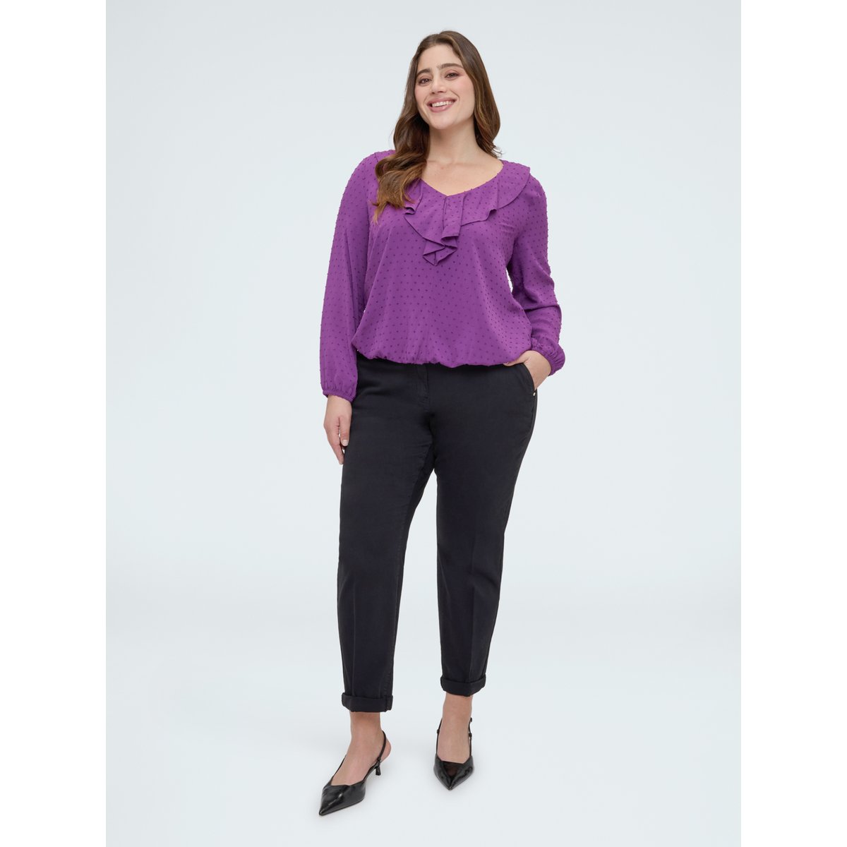 Blouse à pois avec volant violet, FIORELLA RUBINO