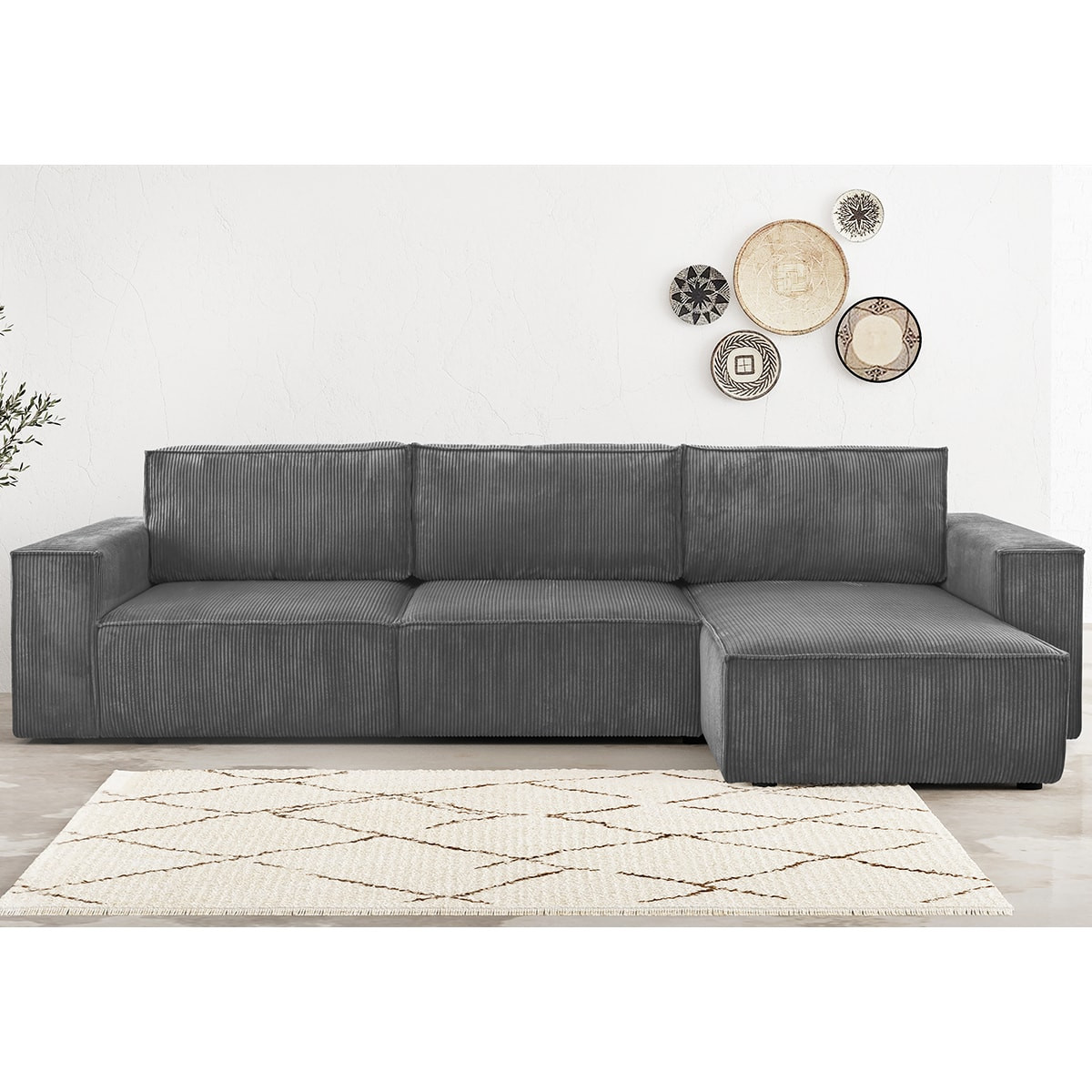 Canapé d'angle convertible 5 places en velours côtelé - HARPER gris anthracite, HOMIFAB