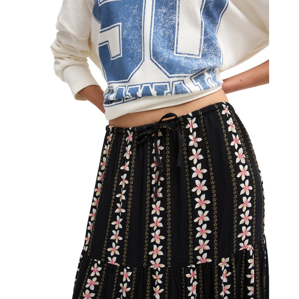 Jupe longue SWEETWATER CREPE. noir anthracite hibiscus real strip, ROXY