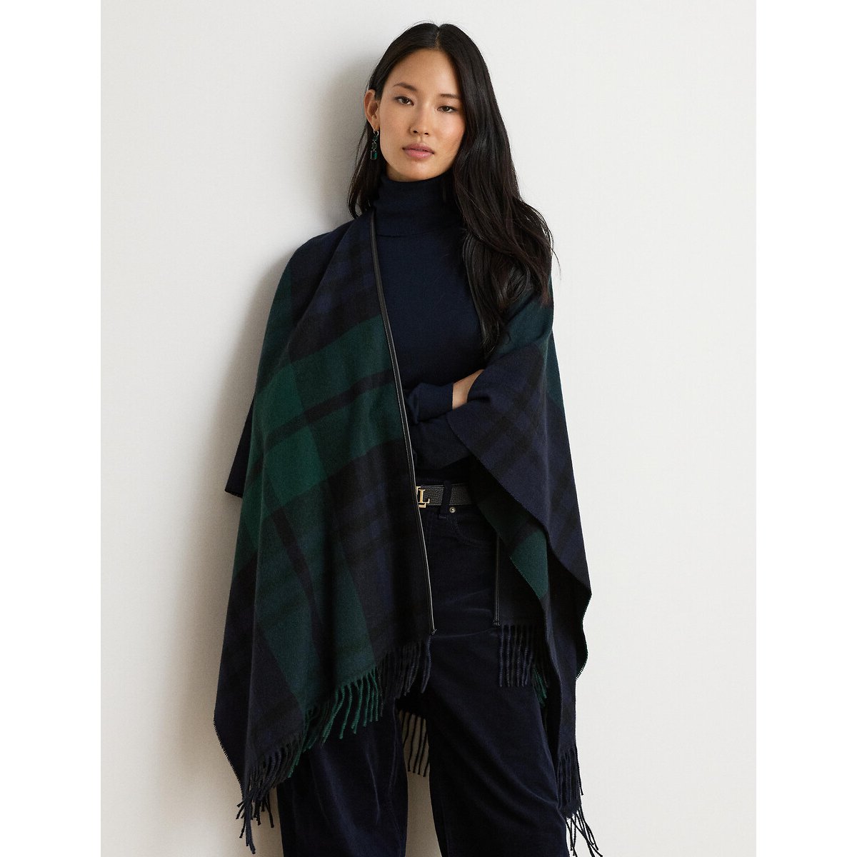 Poncho frangé, à carreaux marine/vert, LAUREN RALPH LAUREN