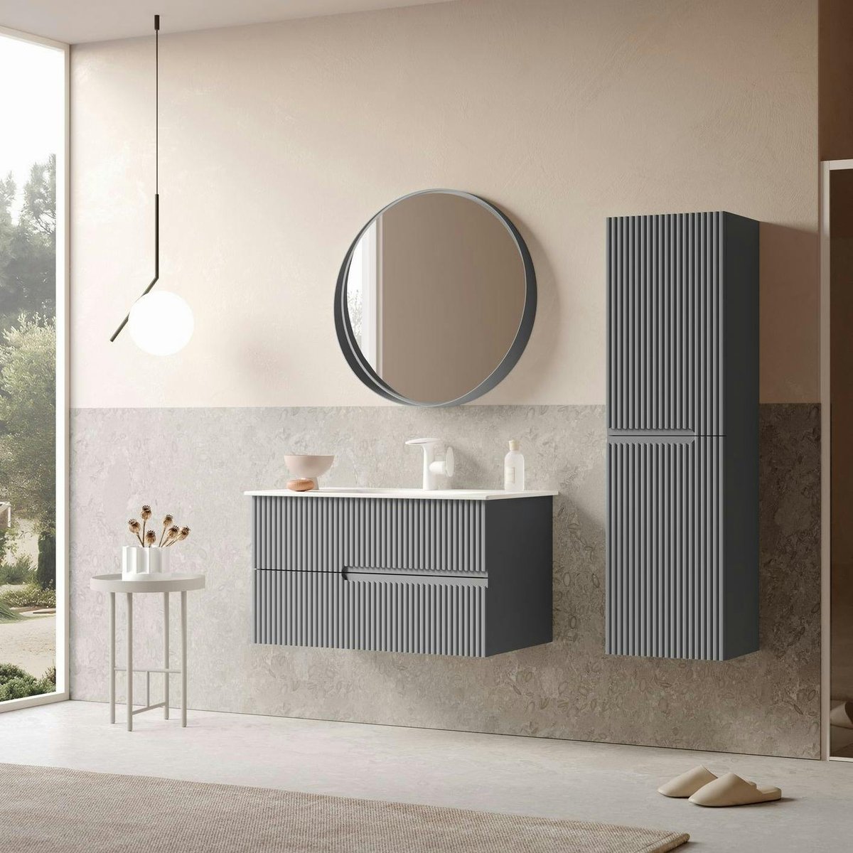 Meuble vasque 2 tiroirs rainurés 90 cm RIVIA gris, PIER IMPORT