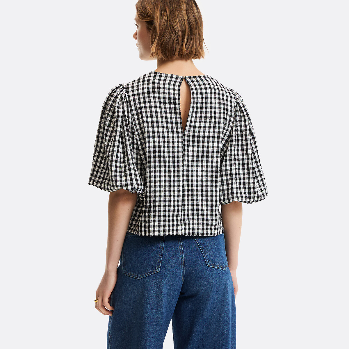 Blouse col rond, à carreaux, manches courtes ballon vichy noir blanc, LA REDOUTE COLLECTIONS