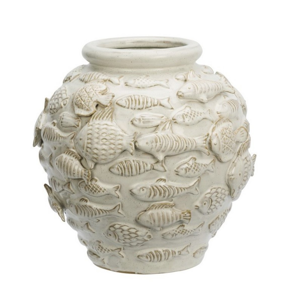 Vase décoratif grès texturé poissons sculptés écru, MADAM STOLTZ