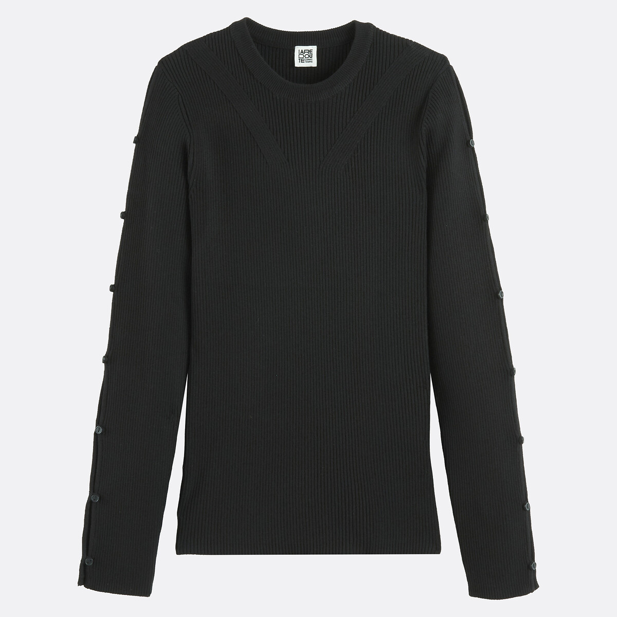 Fine Ribbed Knit Crew Neck Jumper with Button Detail black, LA REDOUTE COLLECTIONS