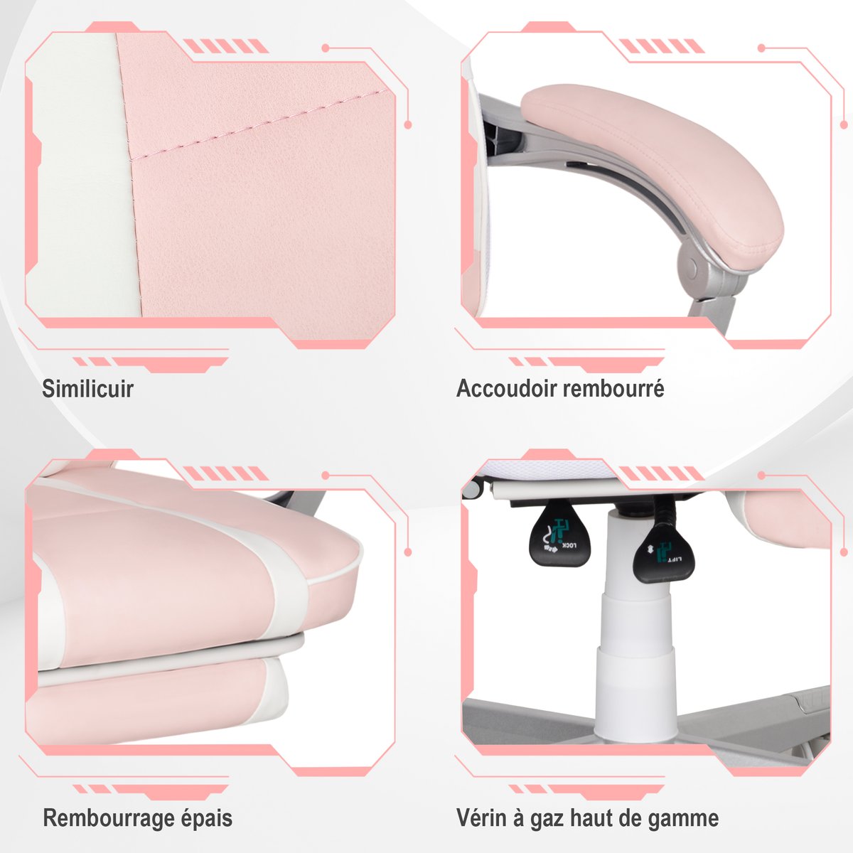 Fauteuil gaming Polyuréthane Rose rose, blanc, HOMCOM