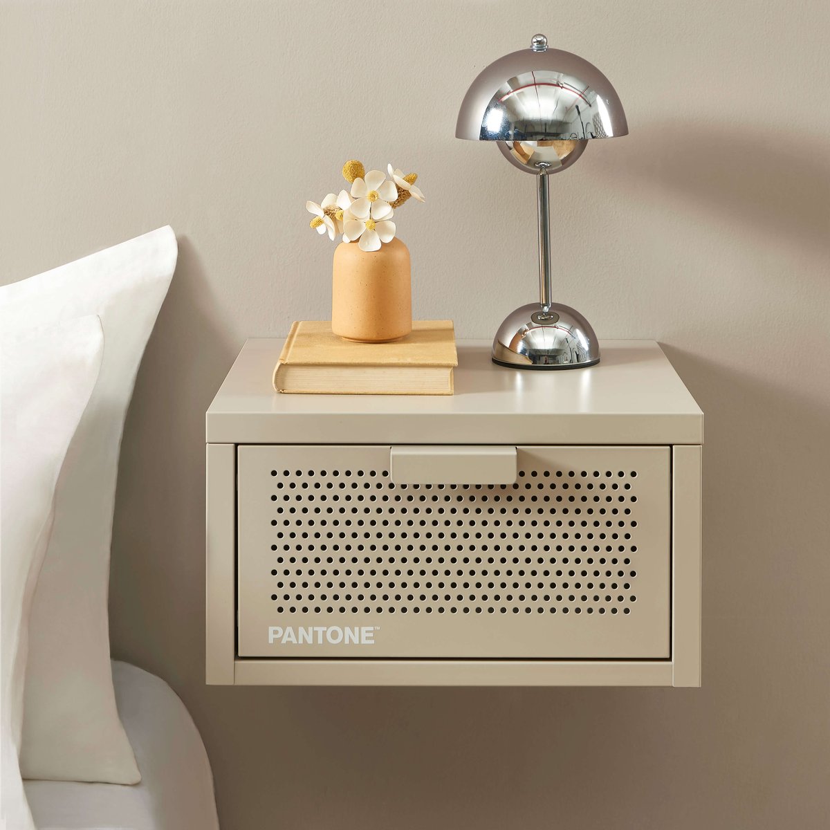 Table de chevet murale en acier taupe, PANTONE