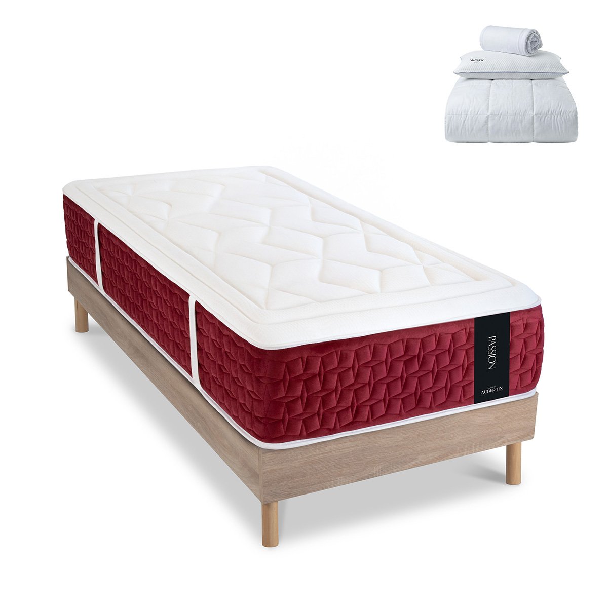 Ensemble Matelas+sommier Ressorts PASSION + accessoires - 32 cm d'épaisseur - Accueil moelleux, soutien ferme blanc, MAISON AUBERTIN