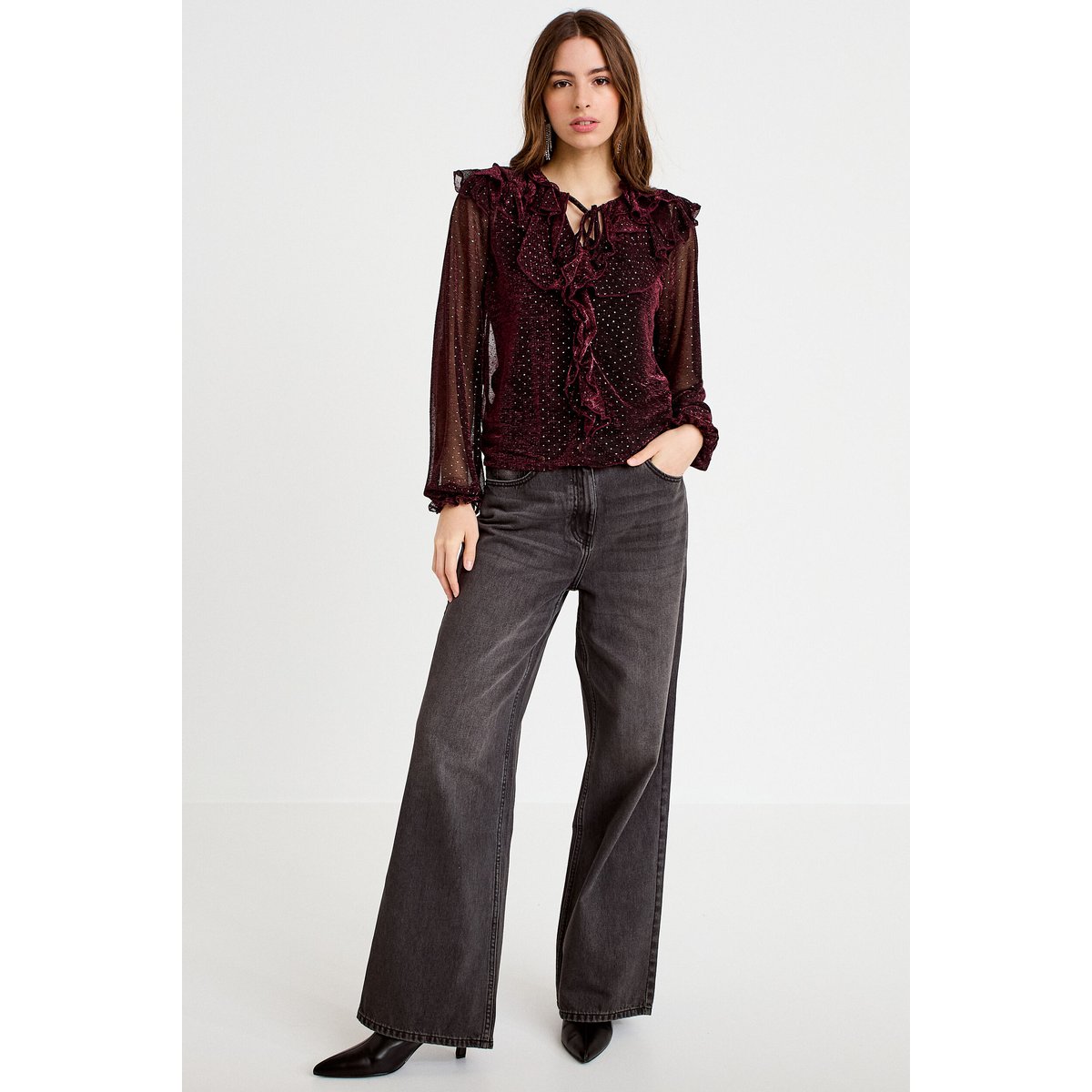 Blouse voile transparent pailleté violet foncé, CACHE CACHE