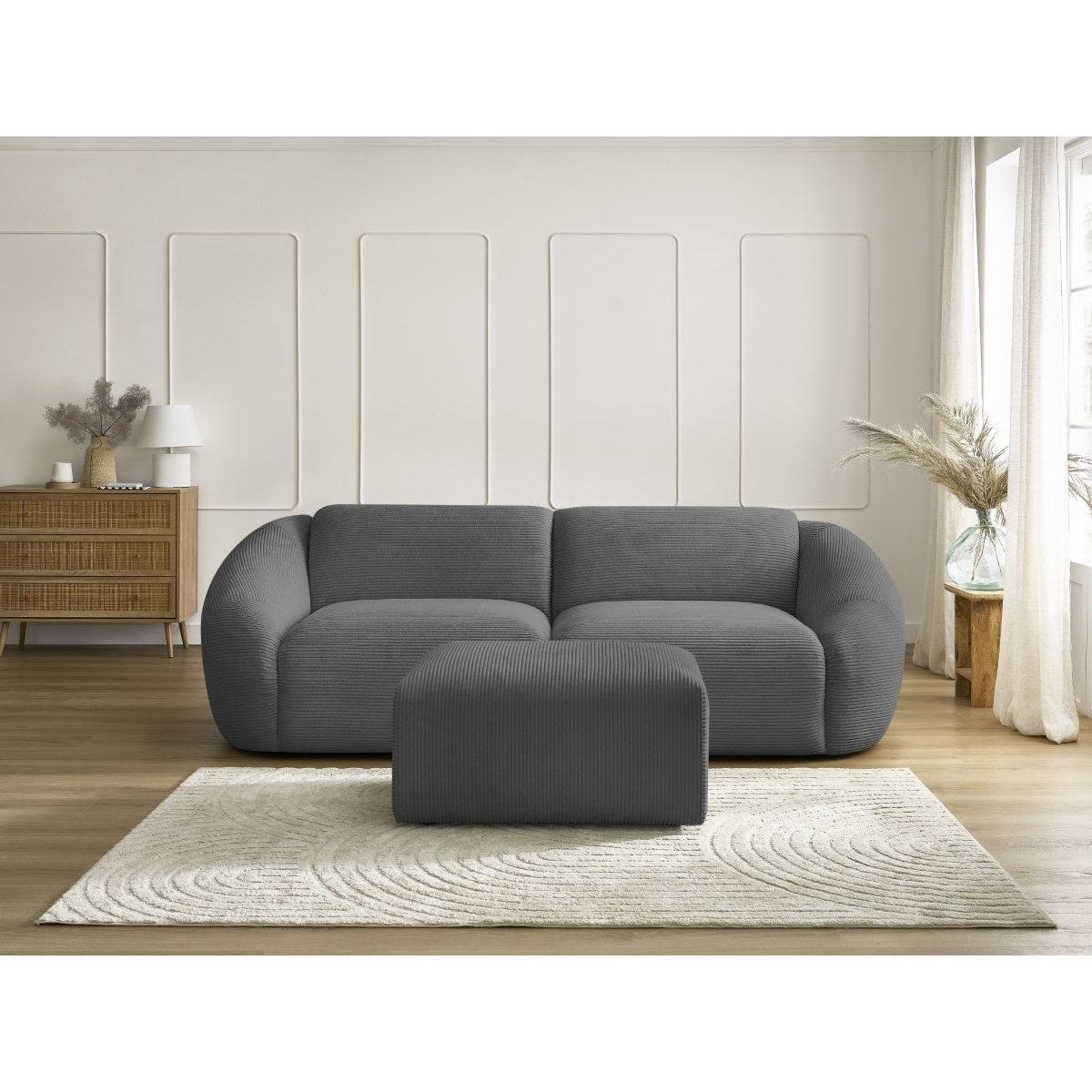 Canapé droit fixe 4 places en velours côtelé avec pouf, TINA gris foncé, BOBOCHIC