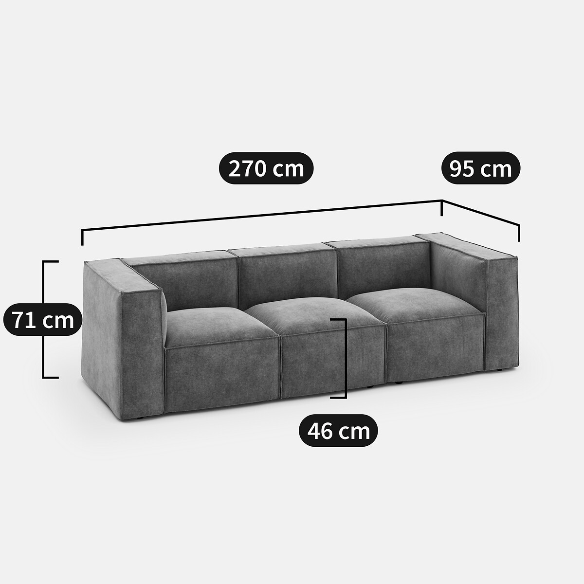 Canapé modulable, 3 places, en velours côtelé fines côtes, SEVEN gris, LA REDOUTE INTERIEURS