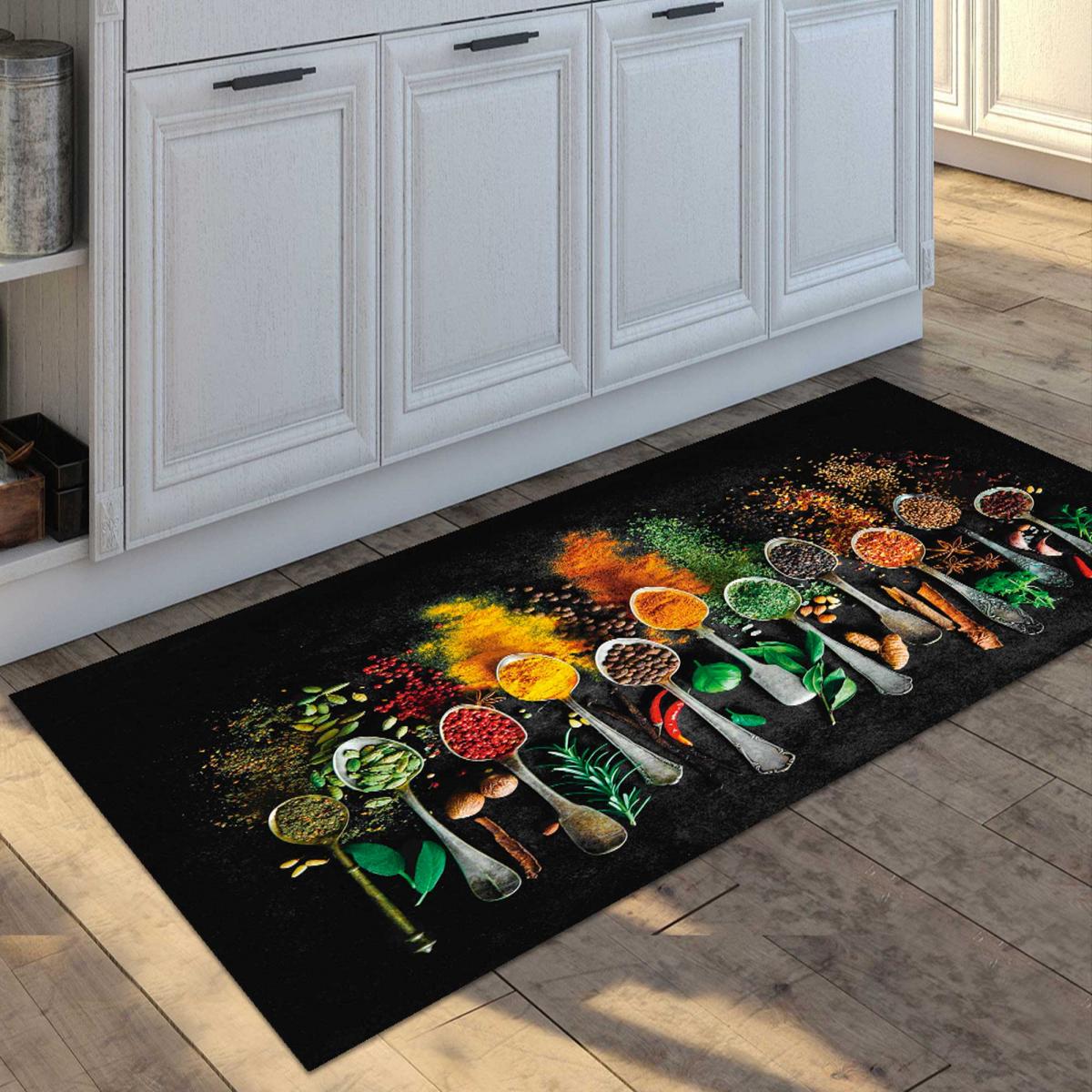 Tapis de cuisine lavable 30° LYN11 IMA noir, jaune, vert, UN AMOUR DE TAPIS
