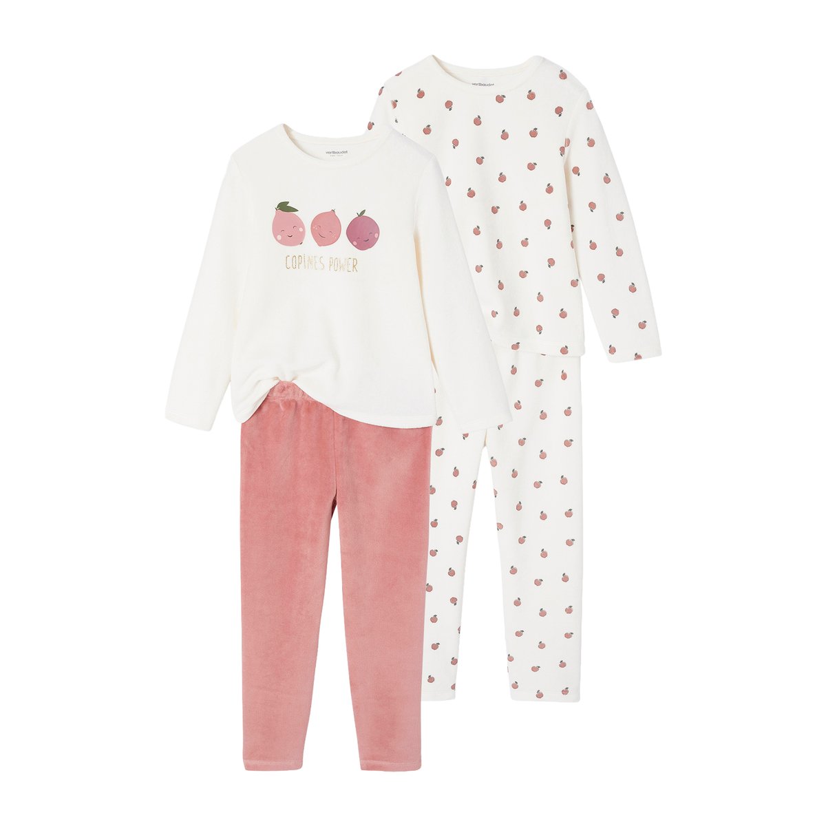 Lot de 2 Pyjamas Velours Fruits Fille écru, VERTBAUDET