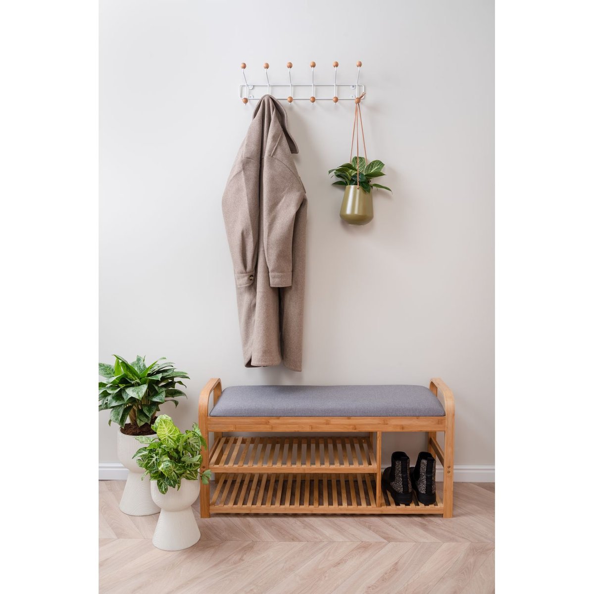 Banc de rangement 2 étagères en bambou et tissu ARCH gris, PRESENT TIME