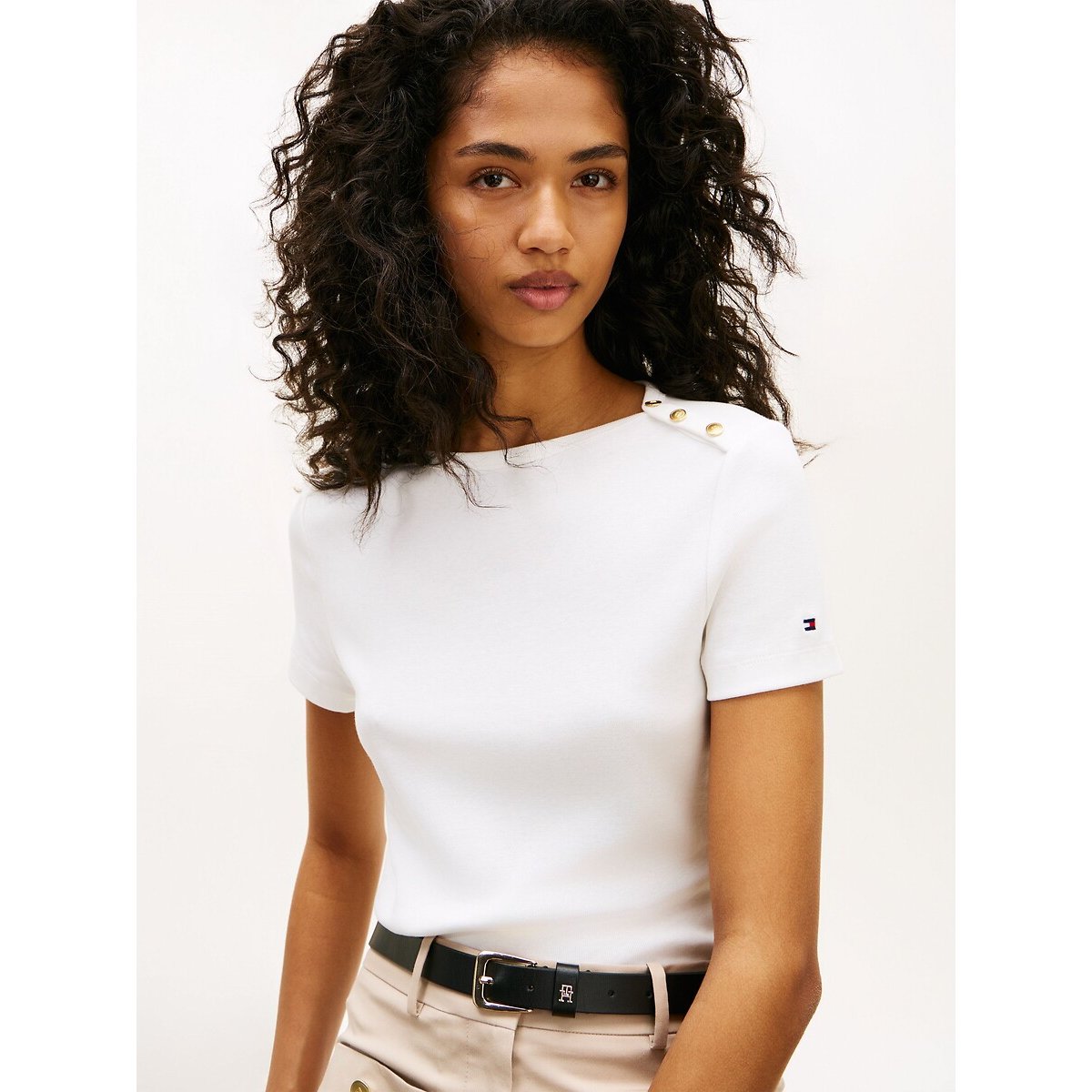 T-shirt col bateau à boutons aux épaules ecru, TOMMY HILFIGER