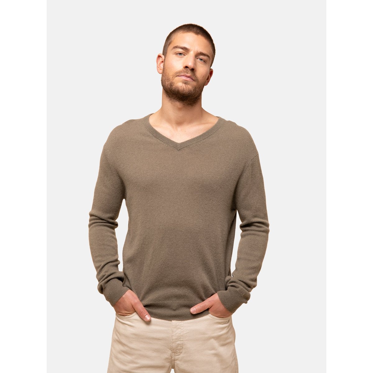 Pull Col V  Army Walt kaki, JUST CASHMERE