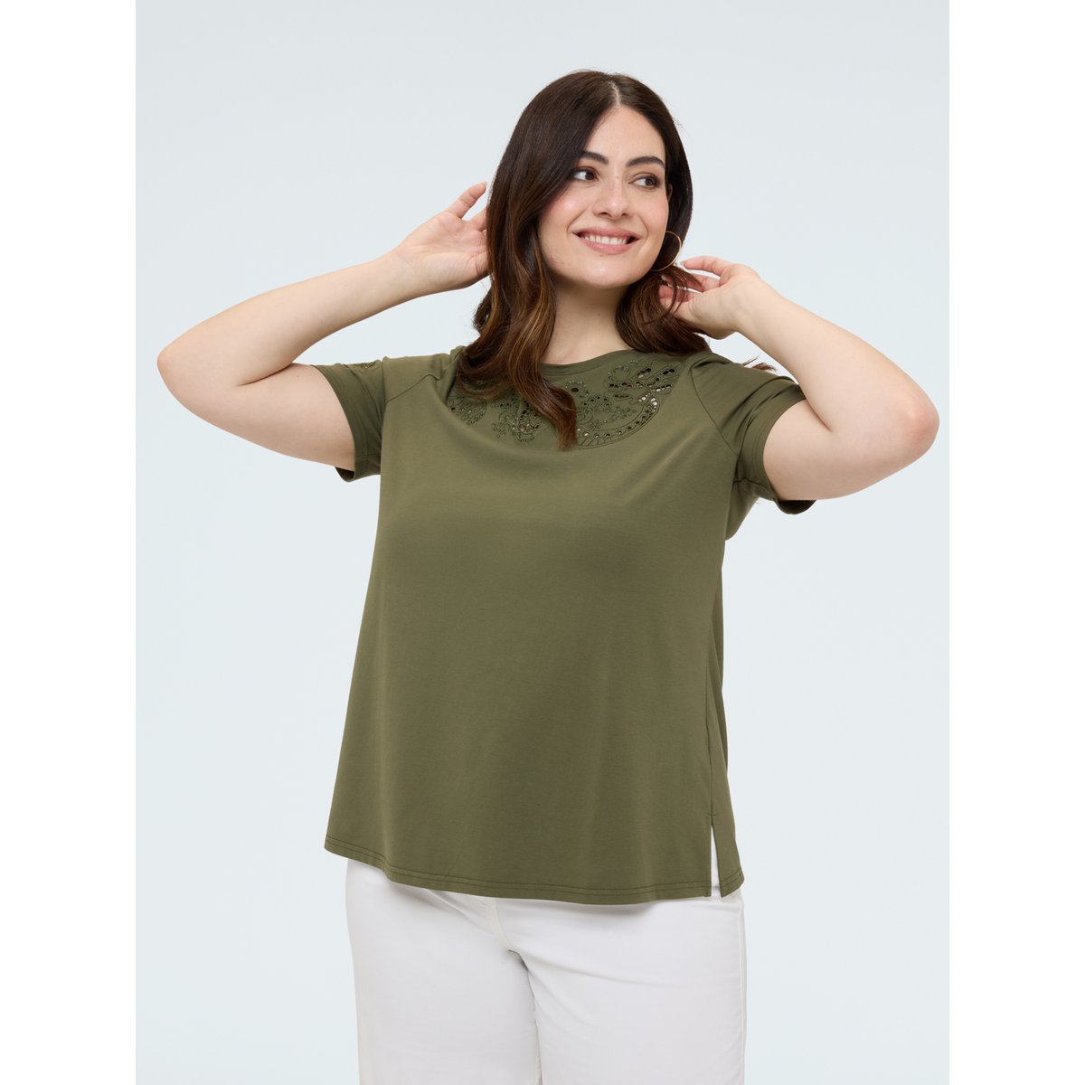 T-shirt avec dentelle et clous verde militare, FIORELLA RUBINO