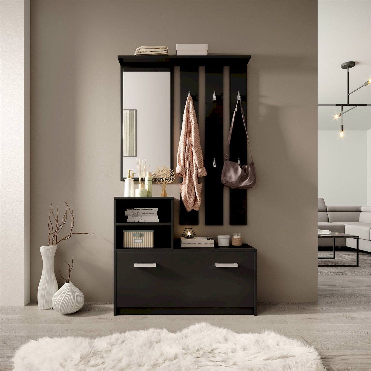 Vestiaire d'entrée avec miroir collection YESFIR noir, RECOLLECTION