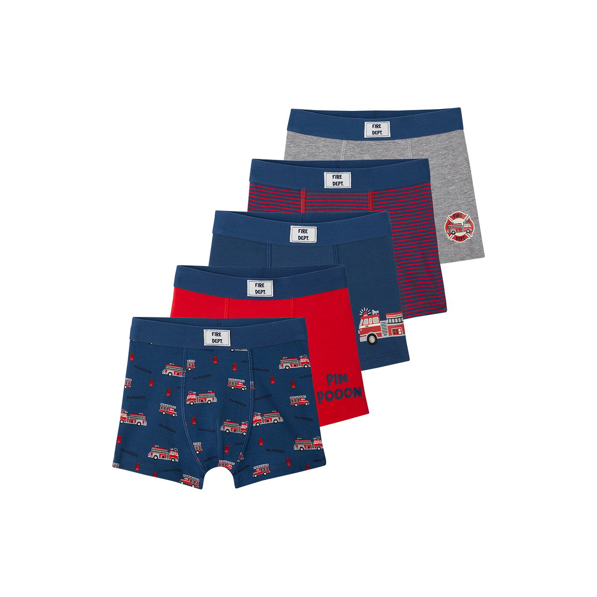 Lot de 5 boxers stretch pompiers en coton bio bleu océan, VERTBAUDET