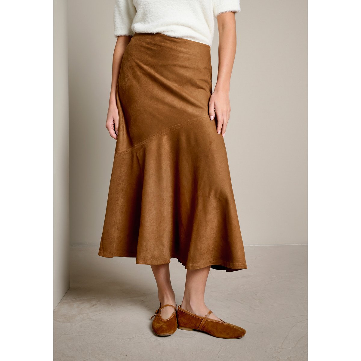 Jupe midi effet suédine camel brun, LOLALIZA